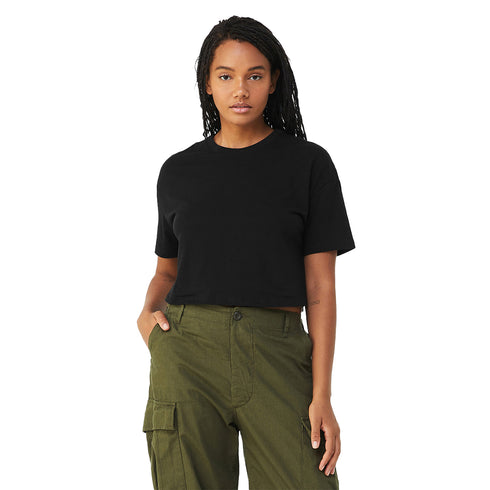Women's Jersey Crop Tee Black T-shirt Front View Model