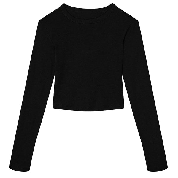 Women's Micro Rib Long Sleeve Baby Tee Solid Black Blend Front