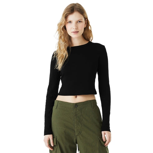 Women's Micro Rib Long Sleeve Baby Tee Solid Black Blend front close-up Model