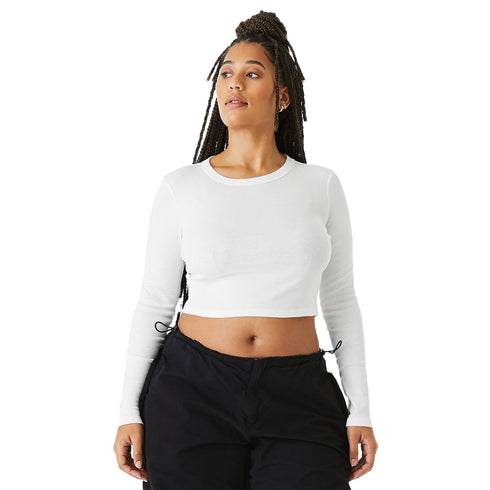 Women's Micro Rib Long Sleeve Baby Tee Solid White Blend Blend front close-up model