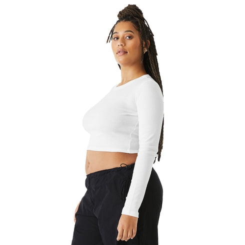 Women's Micro Rib Long Sleeve Baby Tee Solid White Blend Blend side model